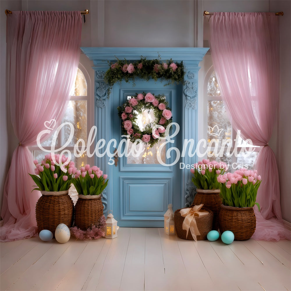 Fond Studio Pâques Porte Bleue Rideau Rose Par Magali