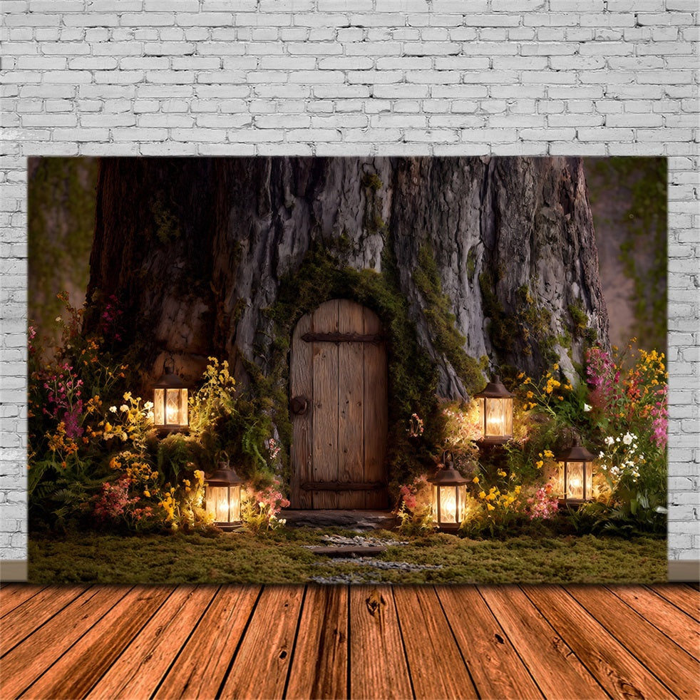 Toile de fond Pâques Porte Arbre Lanternes Fleurs Par Magali