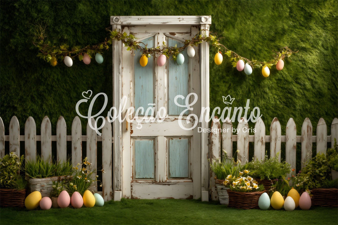 Toile de fond Photo Pâques Guirlande Œufs Clôture Porte Par Magali
