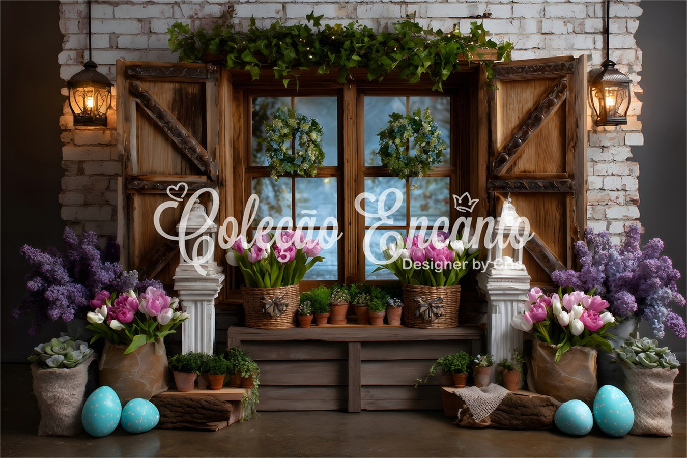 Fond Studio Pâques Fenêtre Couronne Tulipees Œufs Par Magali