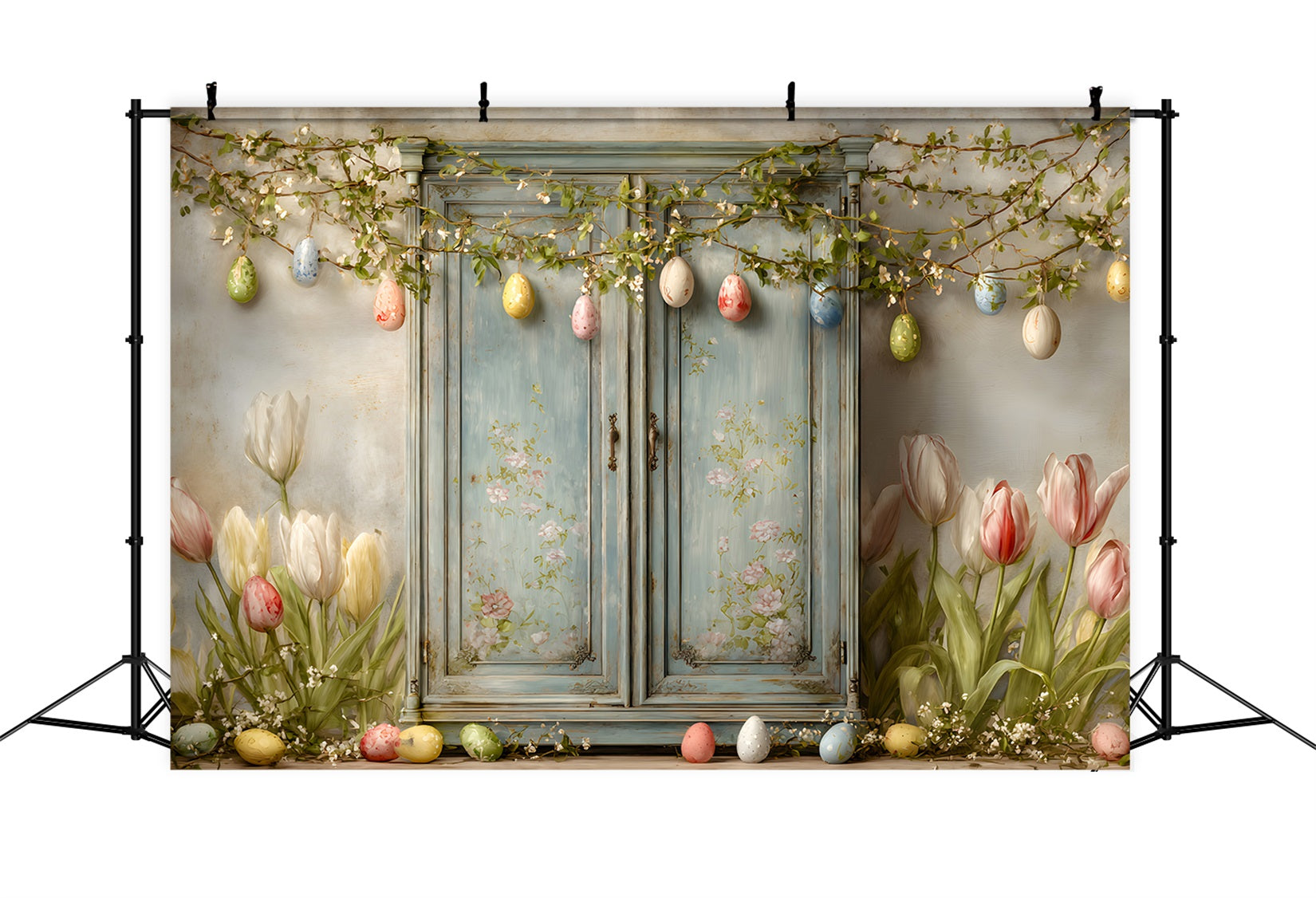 Fond Studio Pâques Porte Bleue Tulipees Œufs Par Magali