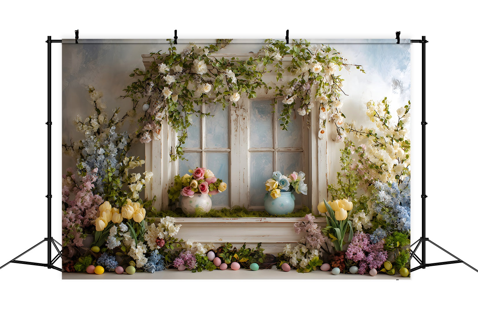 Toile de fond Photo Pâques Fenêtre Florale Œufs Pastel Par Magali