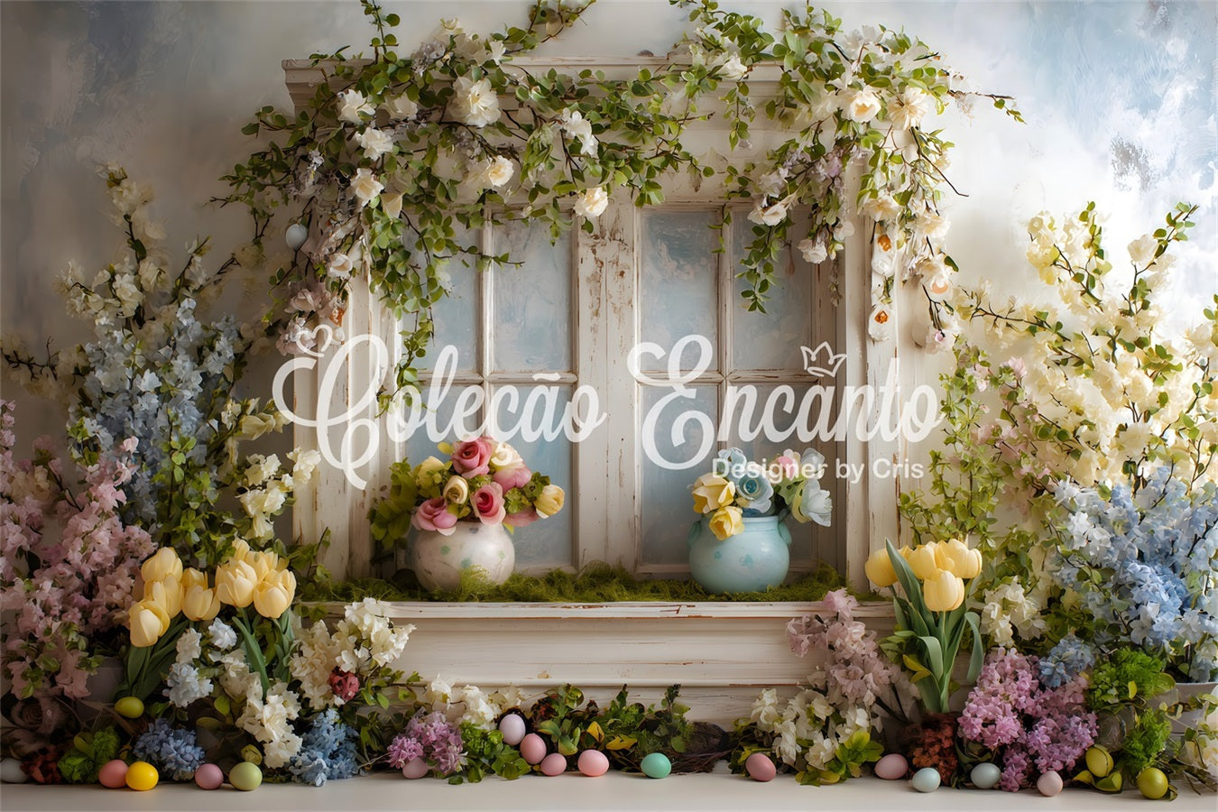 Toile de fond Photo Pâques Fenêtre Florale Œufs Pastel Par Magali