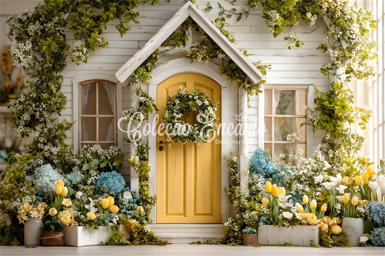 Toile de fond Pâques Porte Cottage Ensoleillée Hortensia Fleurie Par Magali