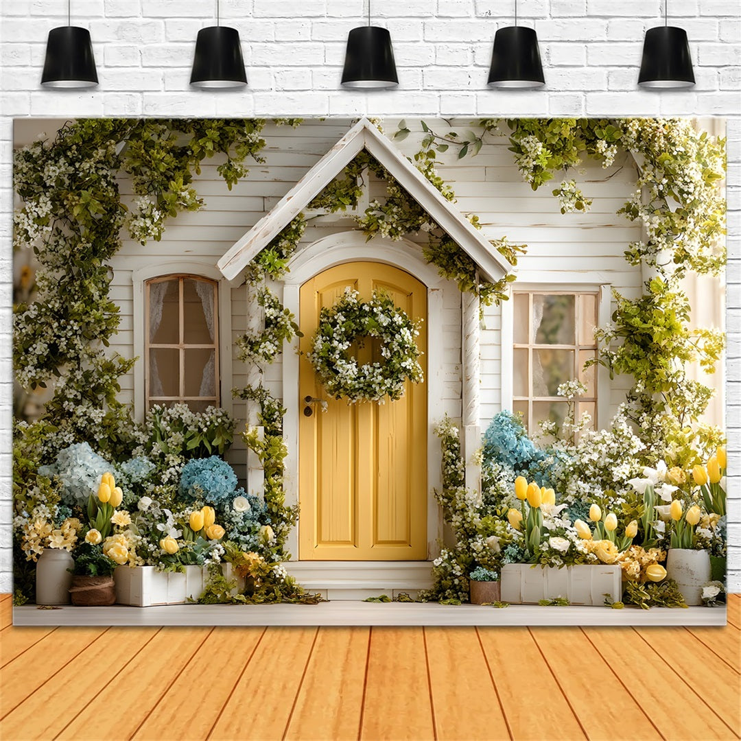 Toile de fond Pâques Porte Cottage Ensoleillée Hortensia Fleurie Par Magali