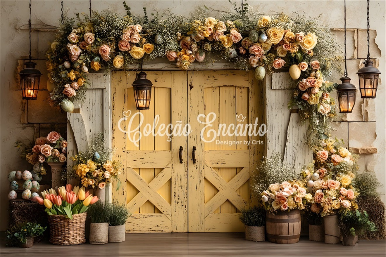 Toile de fond Photo Pâques Porte Jaune Vintage Fleurs Par Magali