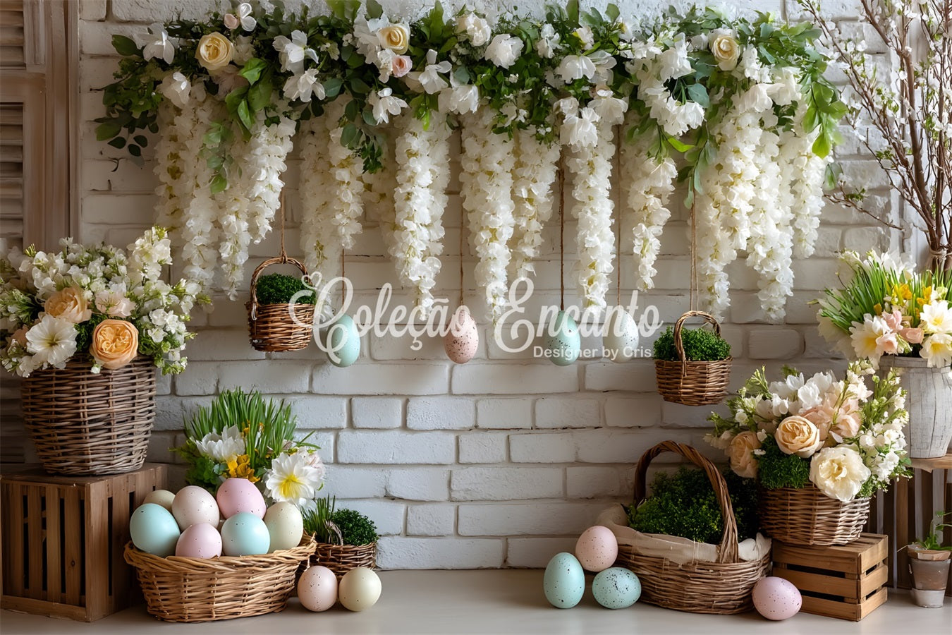 Toile de fond Pâques Mur Blanc Floral Œufs Par Magali