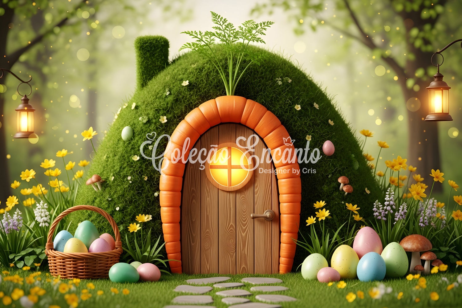 Toile de fond Pâques Maison Œufs Mousse Porte Carotte Par Magali