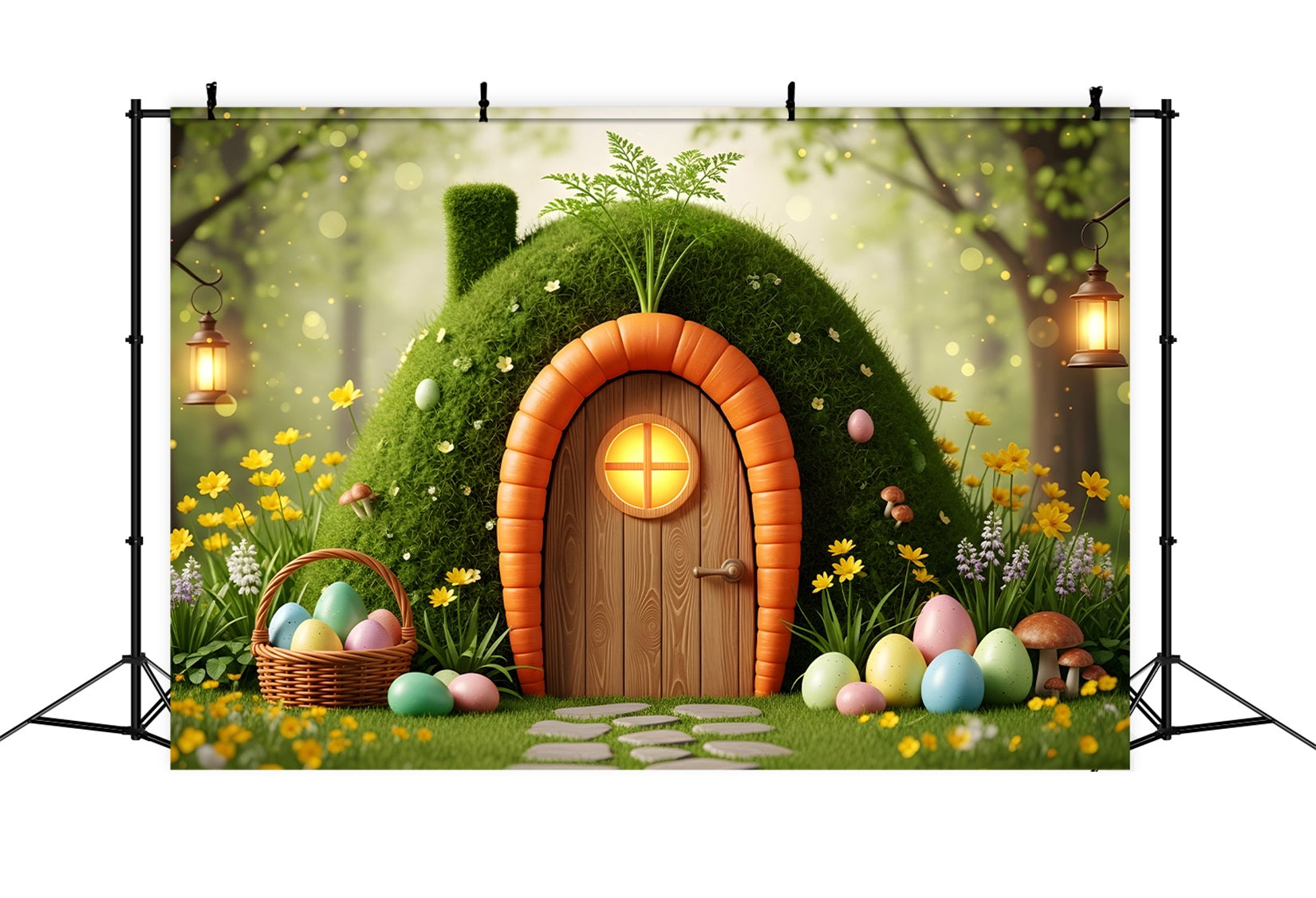 Toile de fond Pâques Maison Œufs Mousse Porte Carotte Par Magali