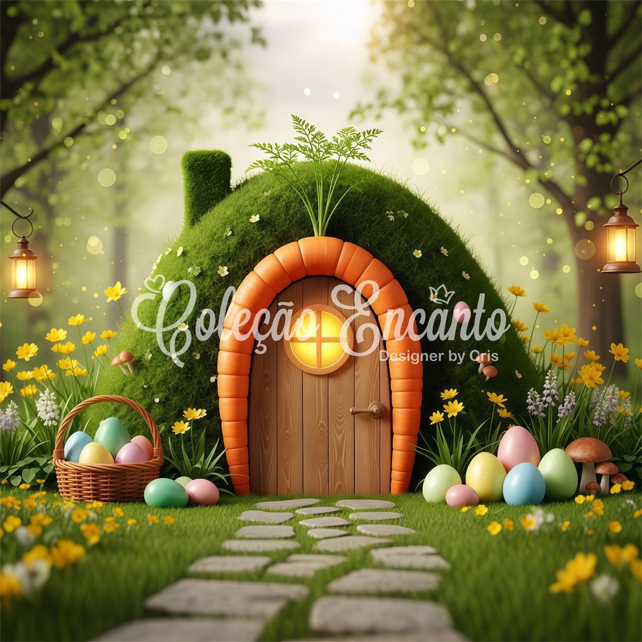 Toile de fond Pâques Maison Œufs Mousse Porte Carotte Par Magali