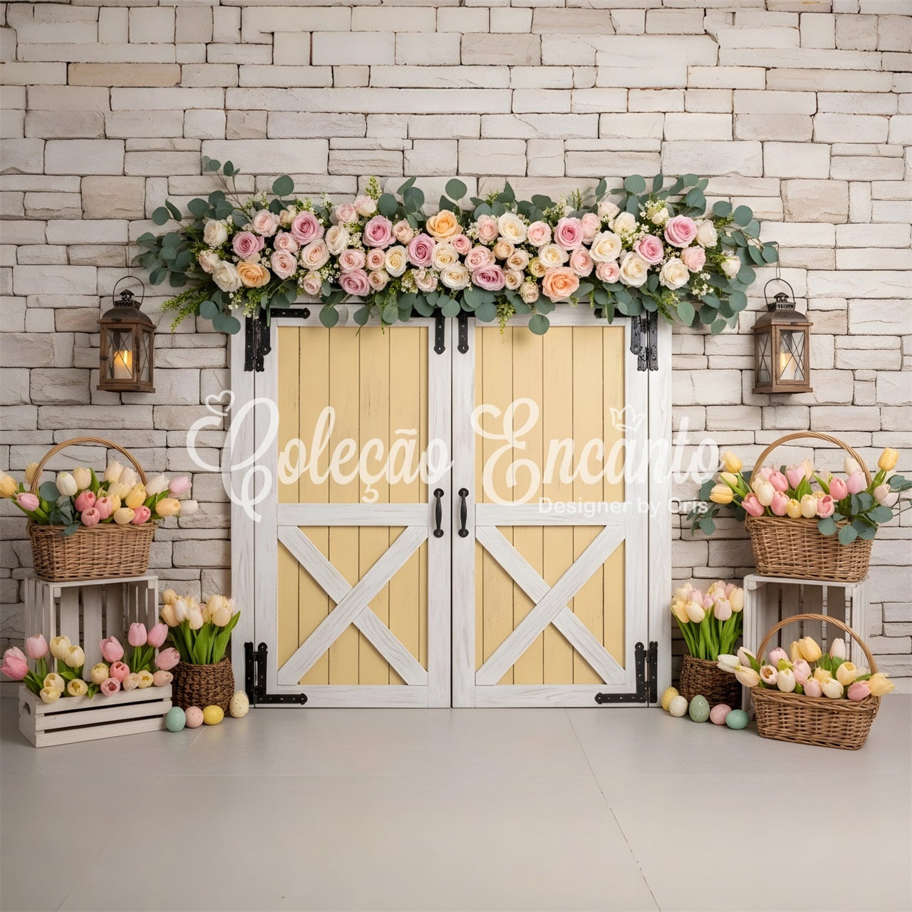 Toile de fond Photo Pâques Porte Jaune Panier Tulipees Œuf Par Magali