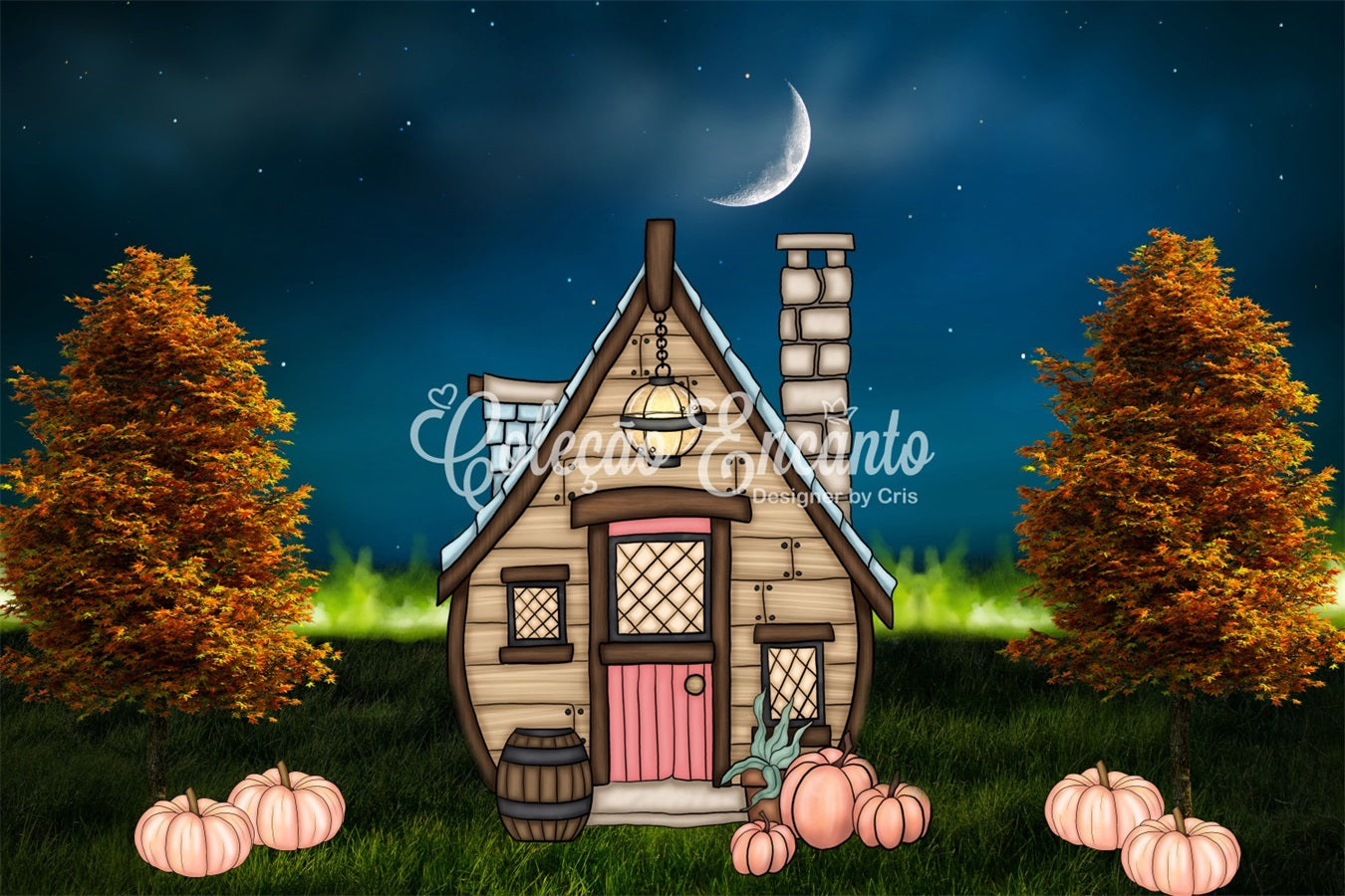 Toile de fond Photo Nouveau-né Cottage Clair De Lune Pelouse Citrouille Par Magali