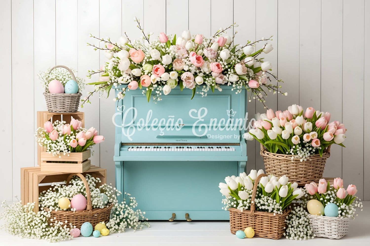 Fond Studio Pâques Piano Bleu Paniers Œufs Par Magali