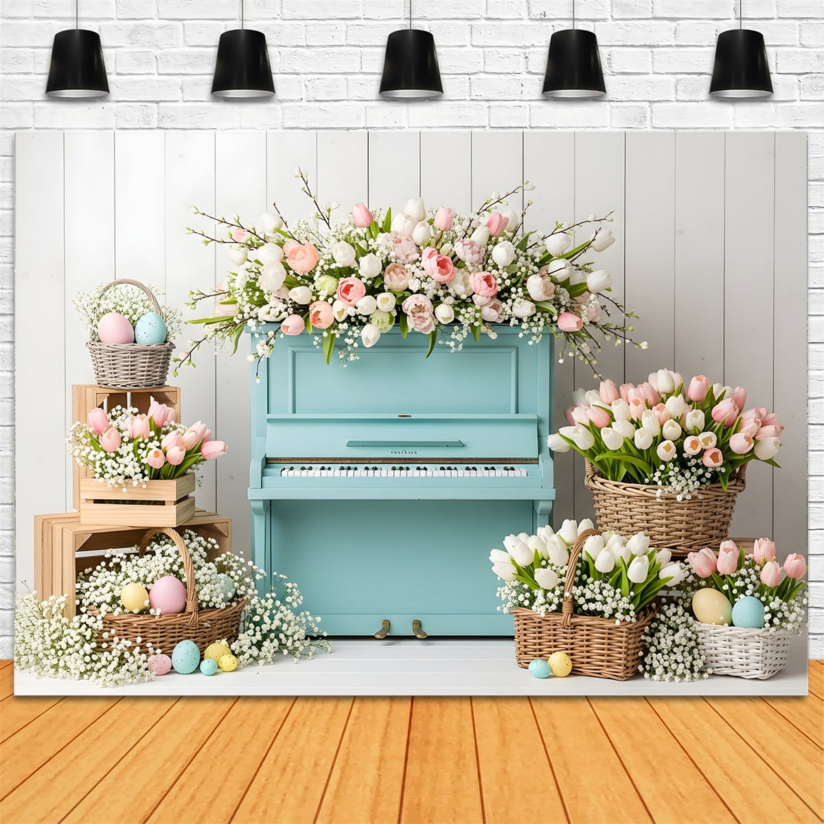 Fond Studio Pâques Piano Bleu Paniers Œufs Par Magali