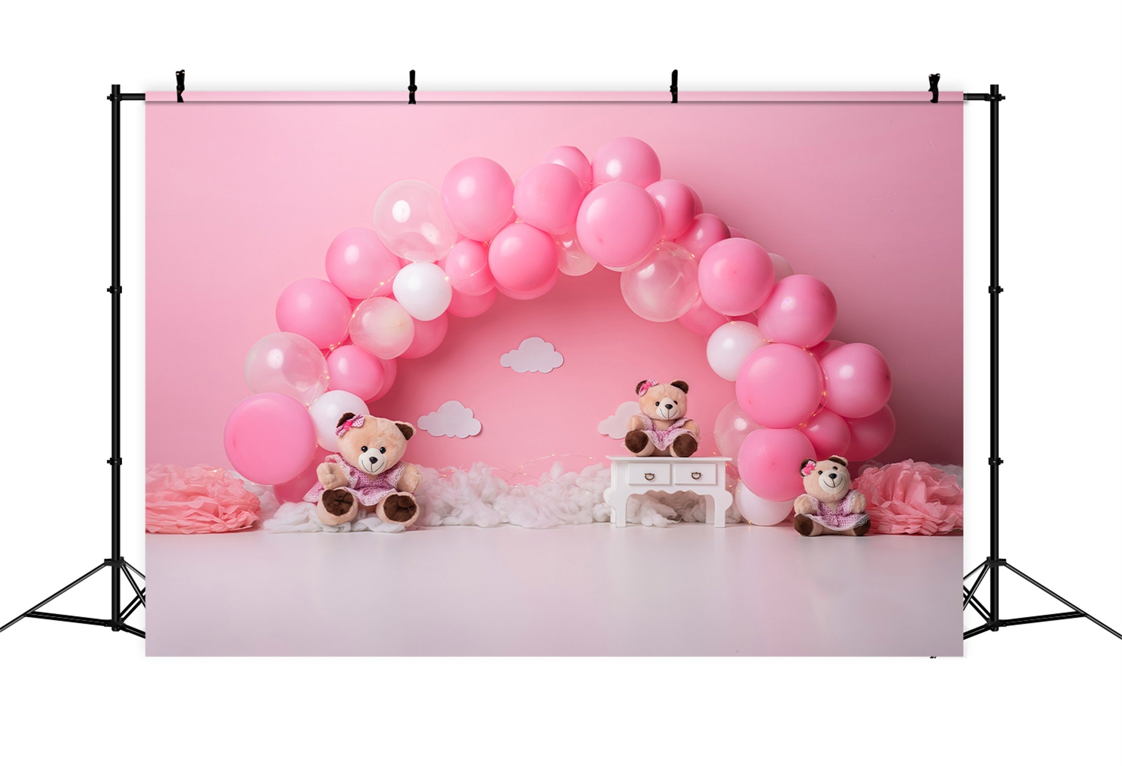 Toile de fond Nouveau-né Arche Ballons Roses Trio Oursons Par Magali
