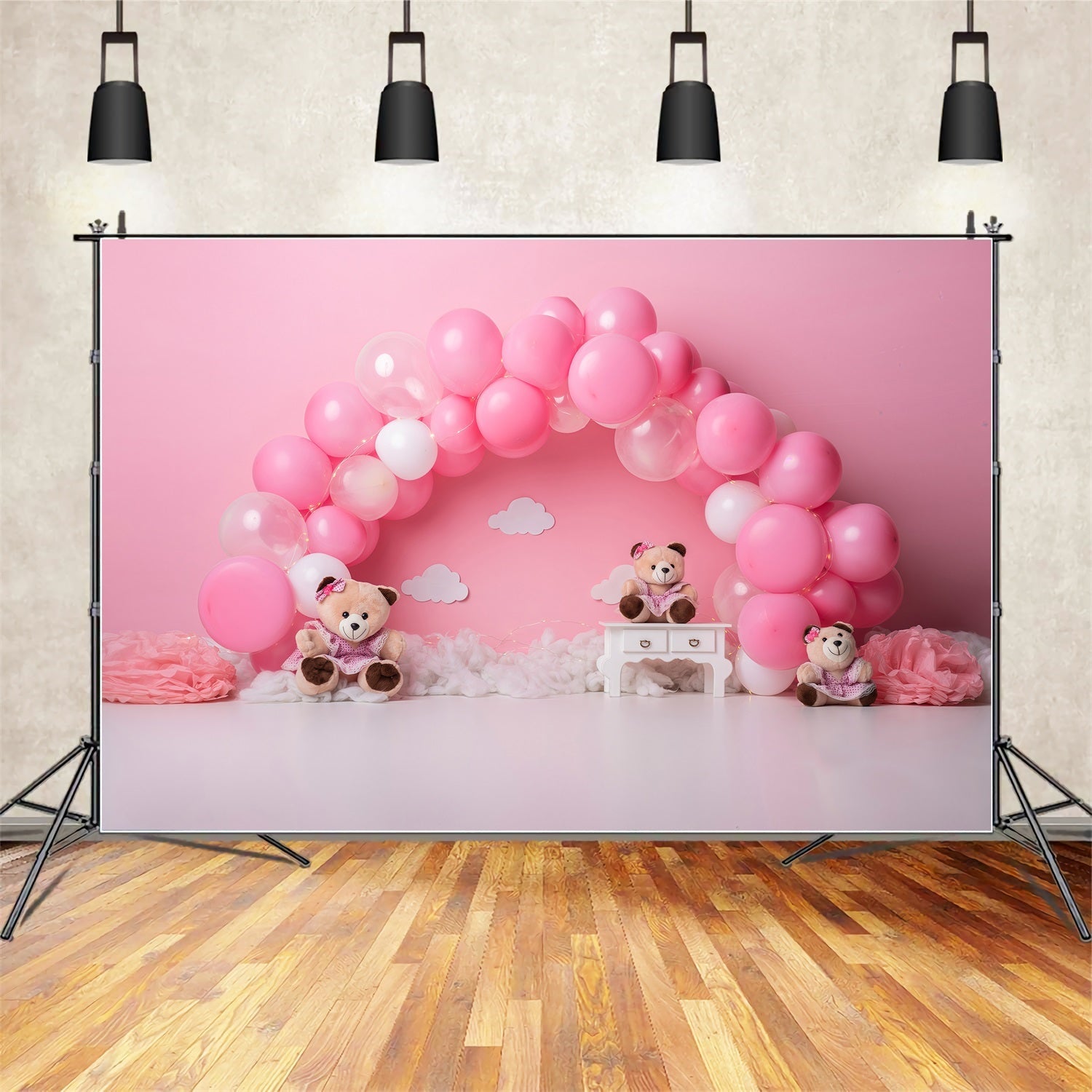 Toile de fond Nouveau-né Arche Ballons Roses Trio Oursons Par Magali