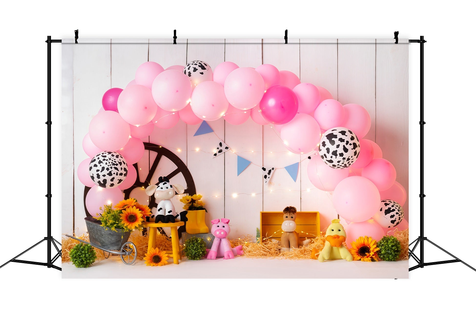 Toile de fond Photo Nouveau-né Ferme Rose Ballons Tournesol Foin Par Magali