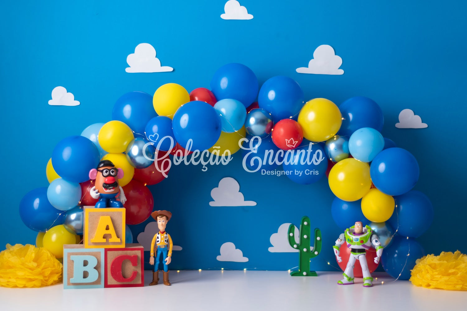 Toile de fond Nouveau-né Cowboy Jouet Espace Ballons Bleus Par Magali