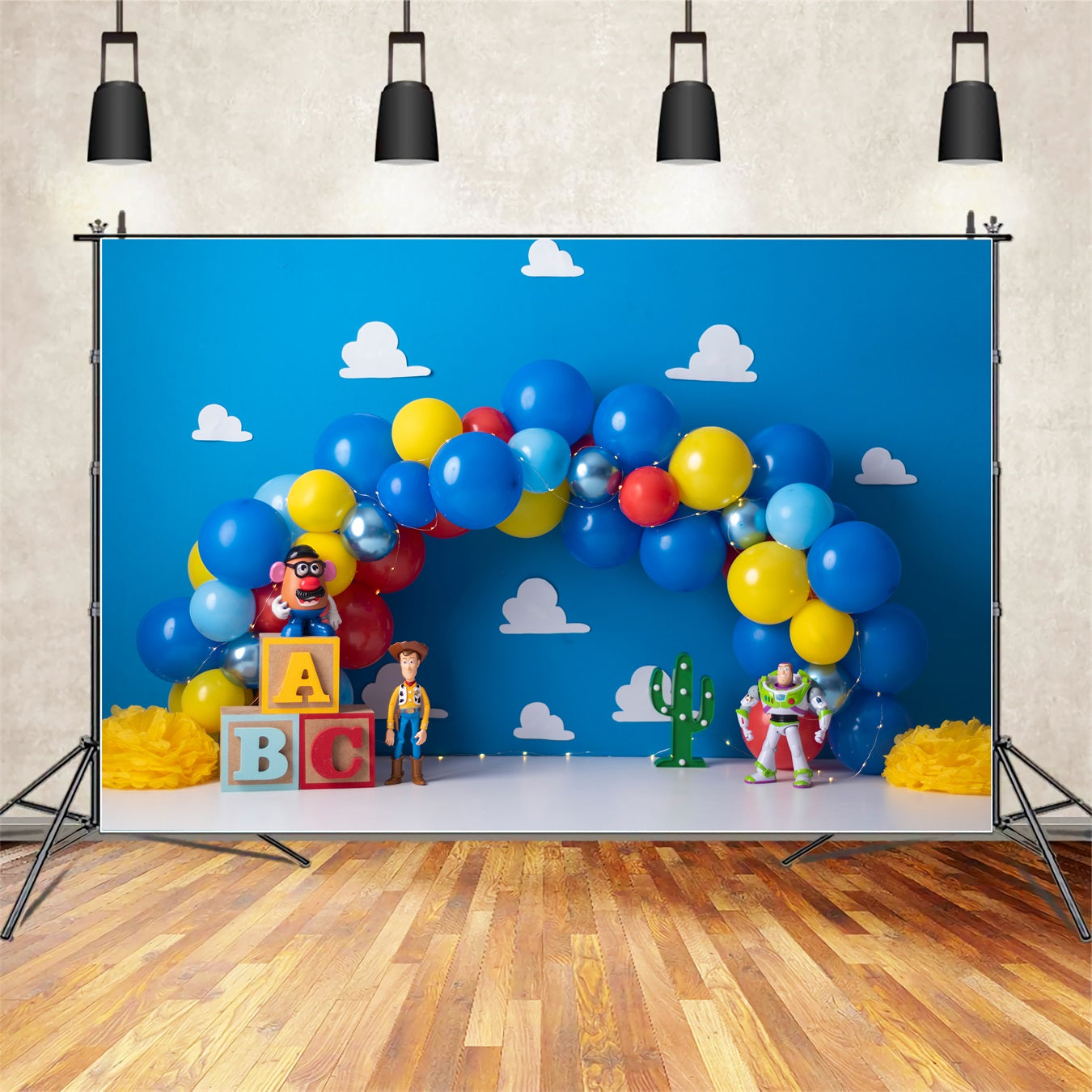 Toile de fond Nouveau-né Cowboy Jouet Espace Ballons Bleus Par Magali
