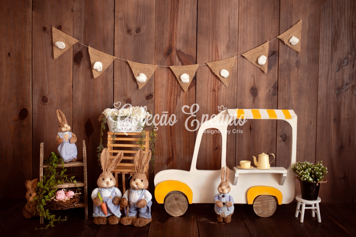 Fond Studio Nouveau-né Chariot Glace Lapin Bois Par Magali