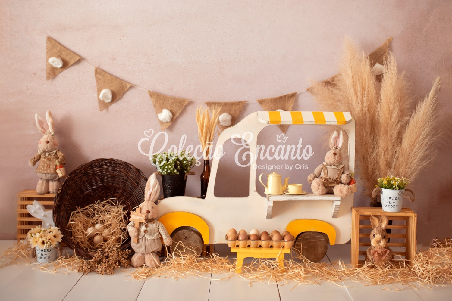 Toile de fond Photo Nouveau-né Présentation Chariot Marché Lapin Rustique Par Magali