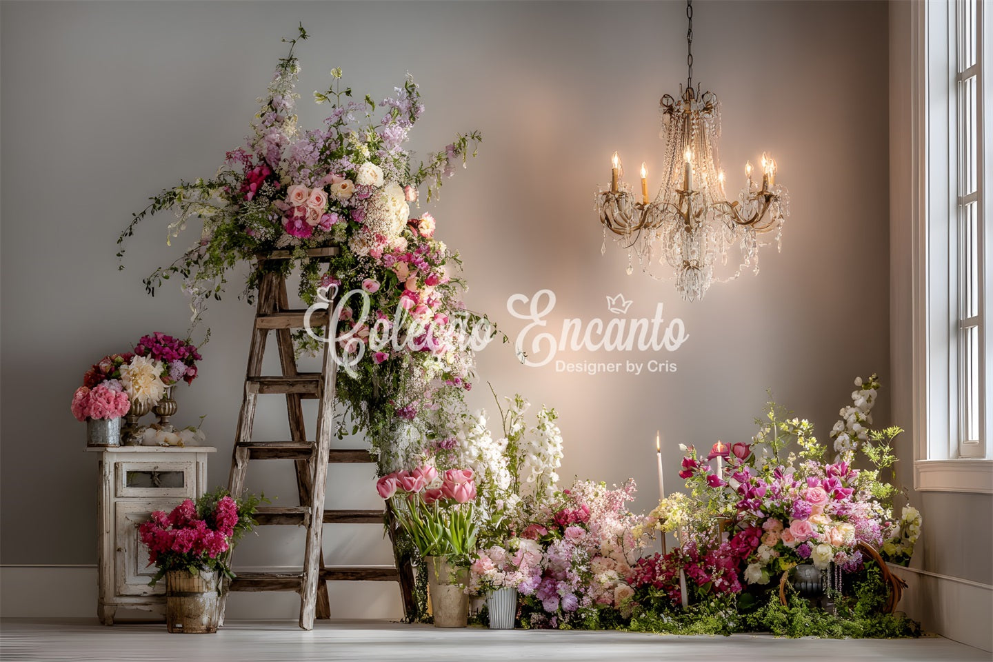 Toile de fond Studio Fête des Mères Échelle Rustique Arrangement Floral Par Magali