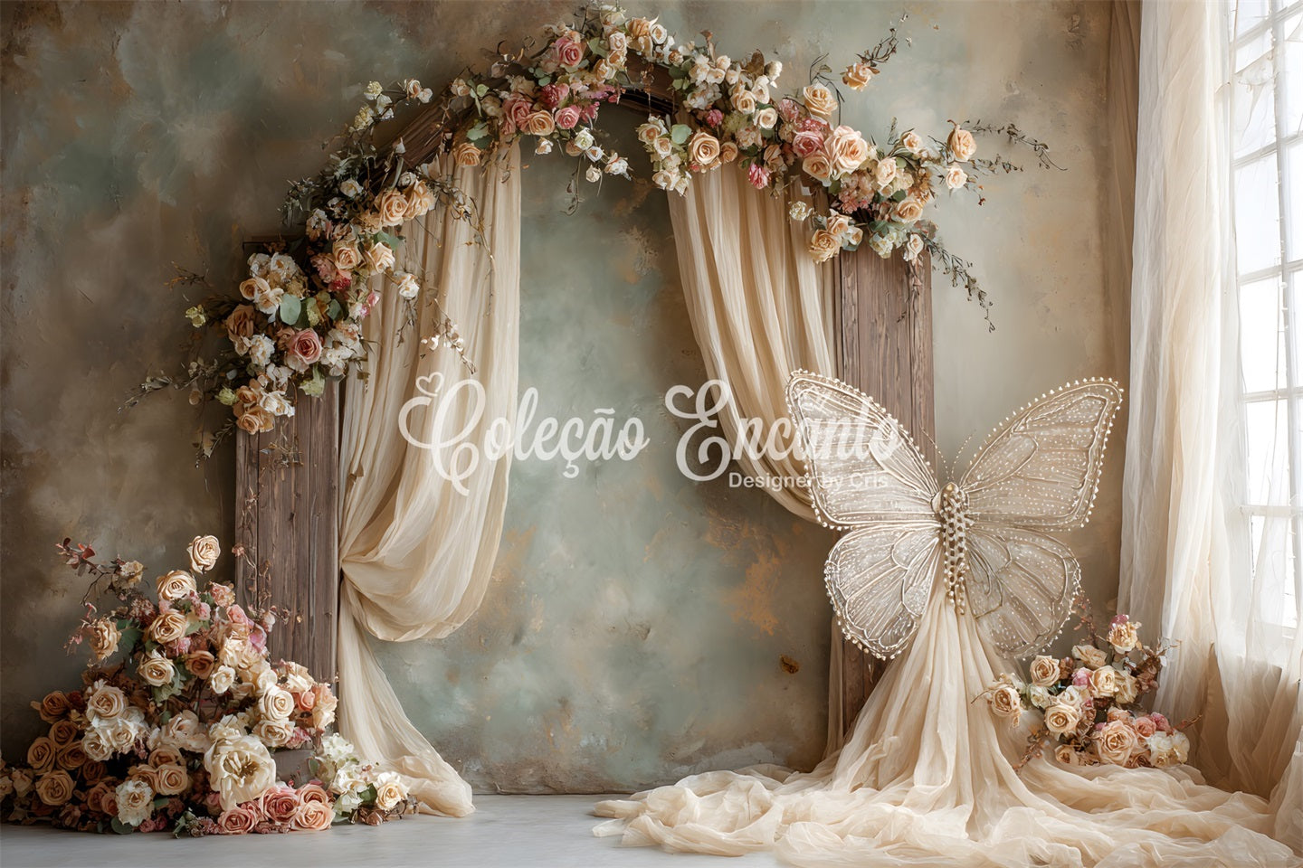 Fond Studio Fête des Mères Arche Roses Élégantes Papillons Par Magali