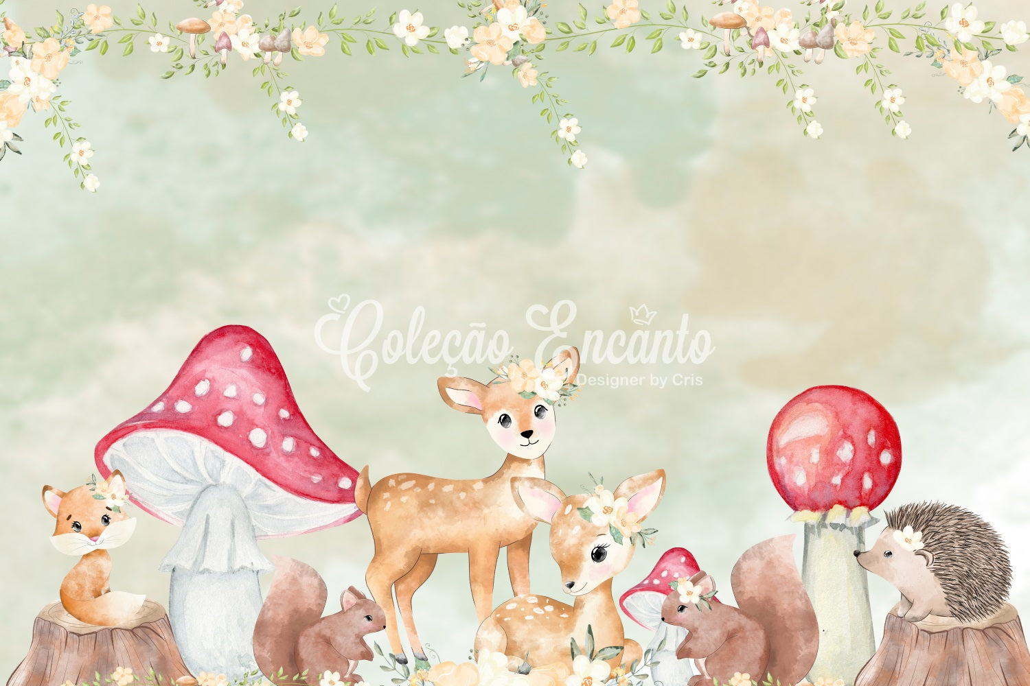 Fond Studio Nouveau-né Bordure Florale Faon Forêt Champignons Par Magali