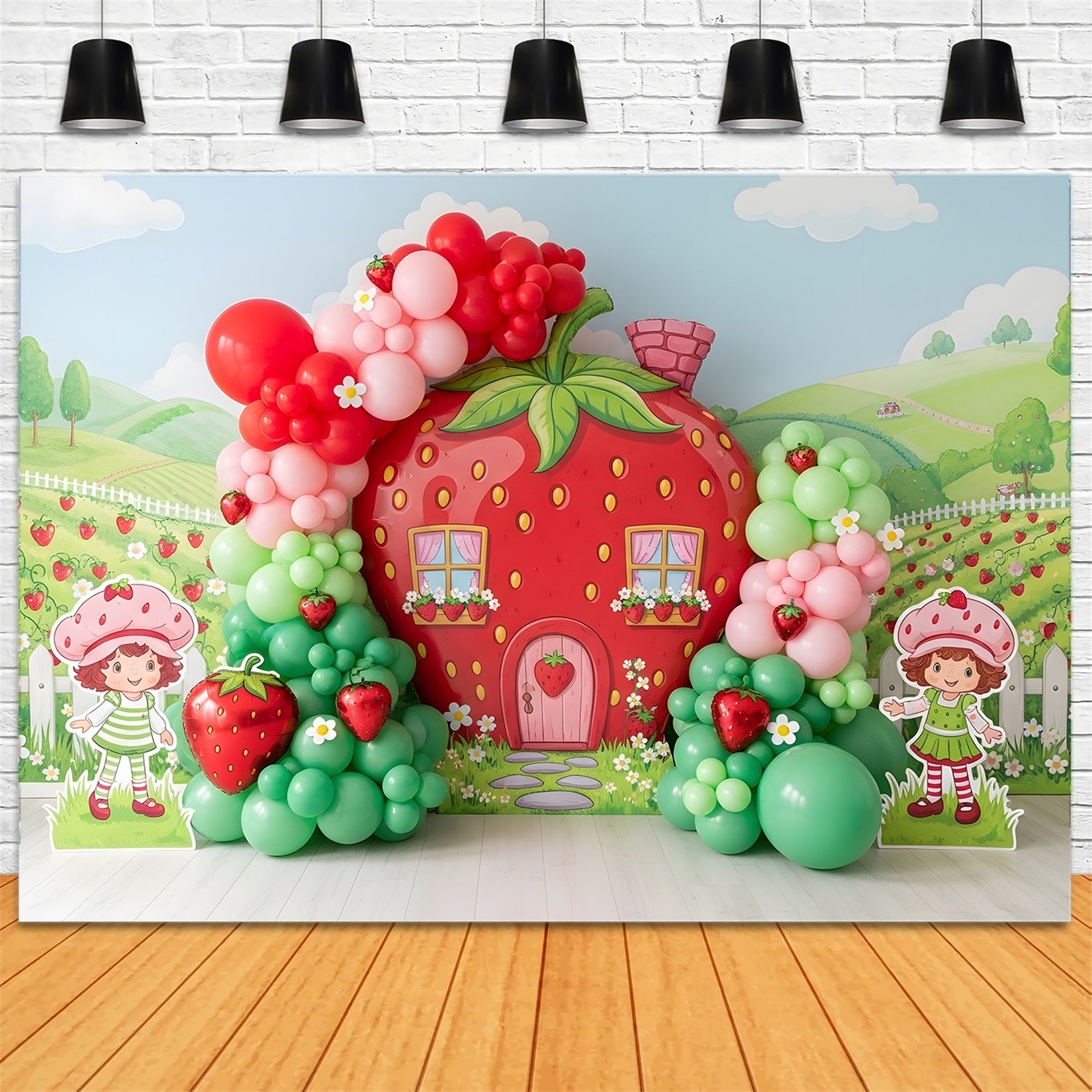 Toile de fond pour enfant avec maison fraise jardin et ballons CEM65-10