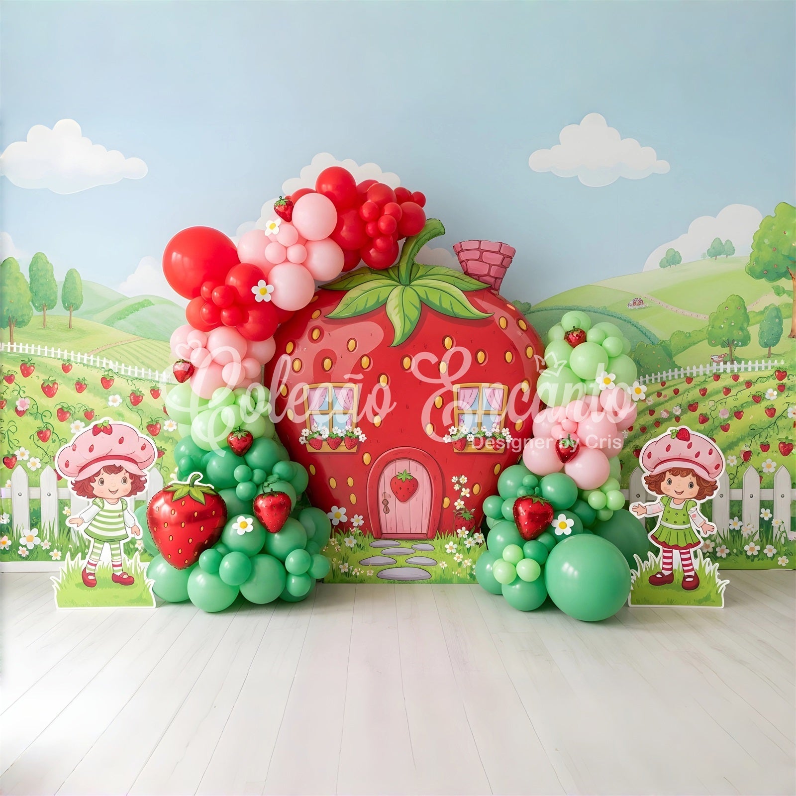 Toile de fond pour enfant avec maison fraise jardin et ballons CEM65-10