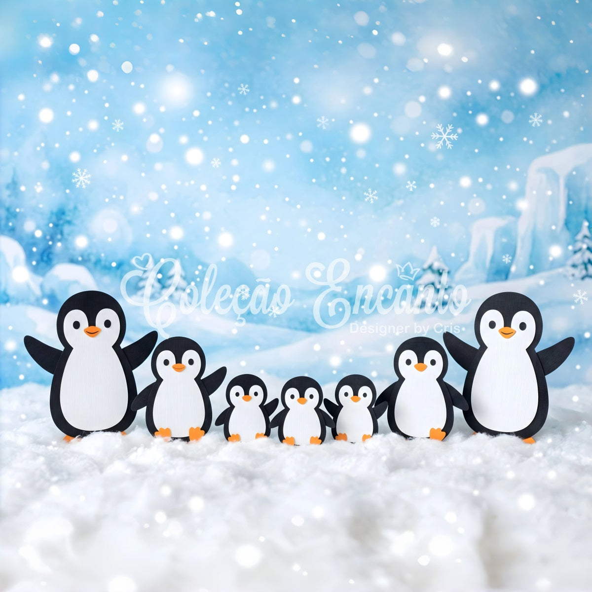 Toile de fond de Noël enneigée avec famille de pingouins au pays des merveilles hivernal CEM65-101