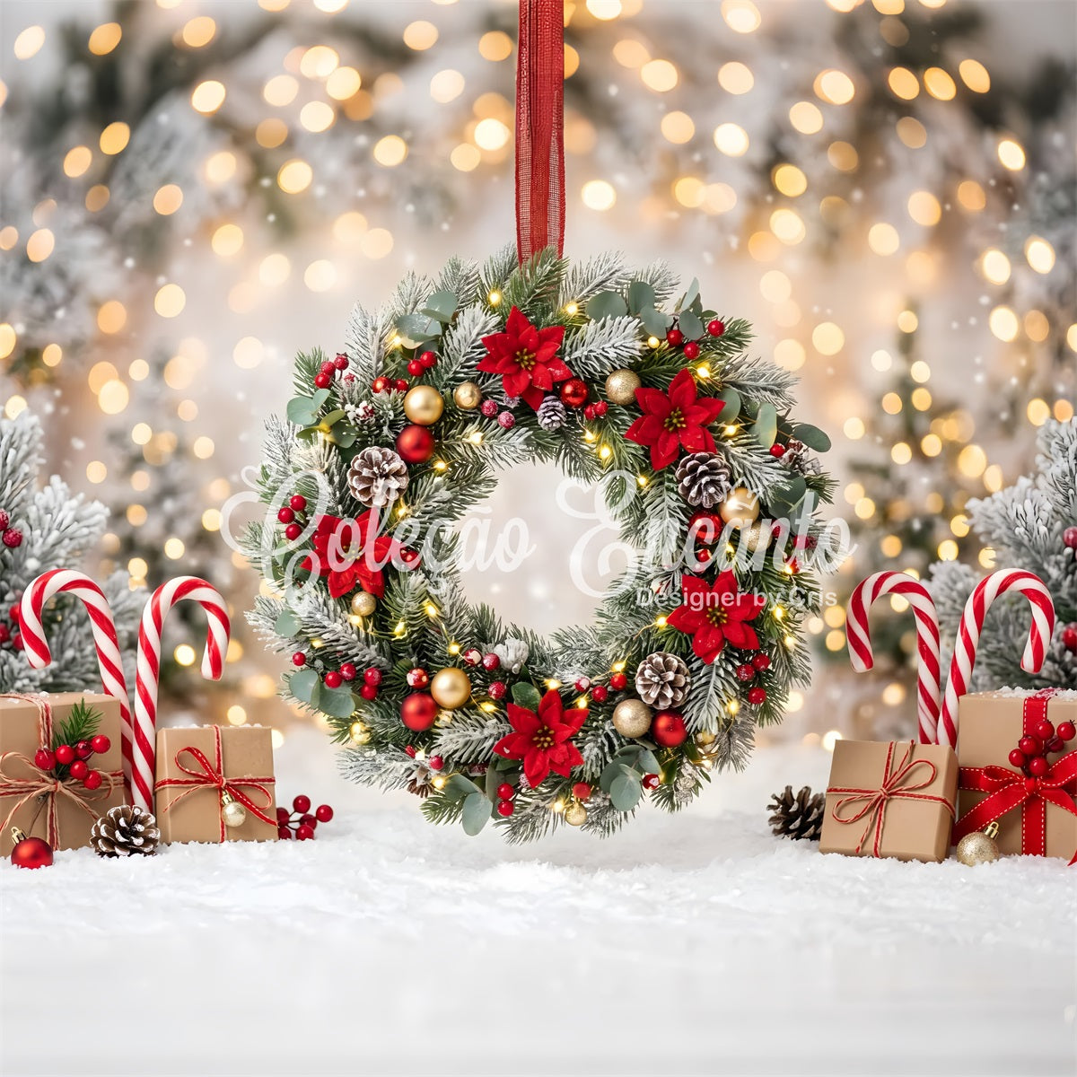 Toile de fond lumineuse de Noël avec couronne givrée de poinsettias et bonbons CEM65-104