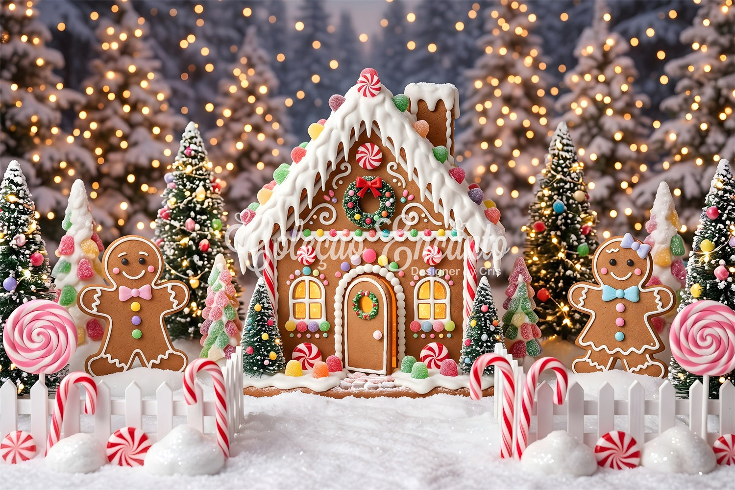 Toile de fond de Noël avec maison en pain d’épices dans une forêt de bonbons CEM65-106