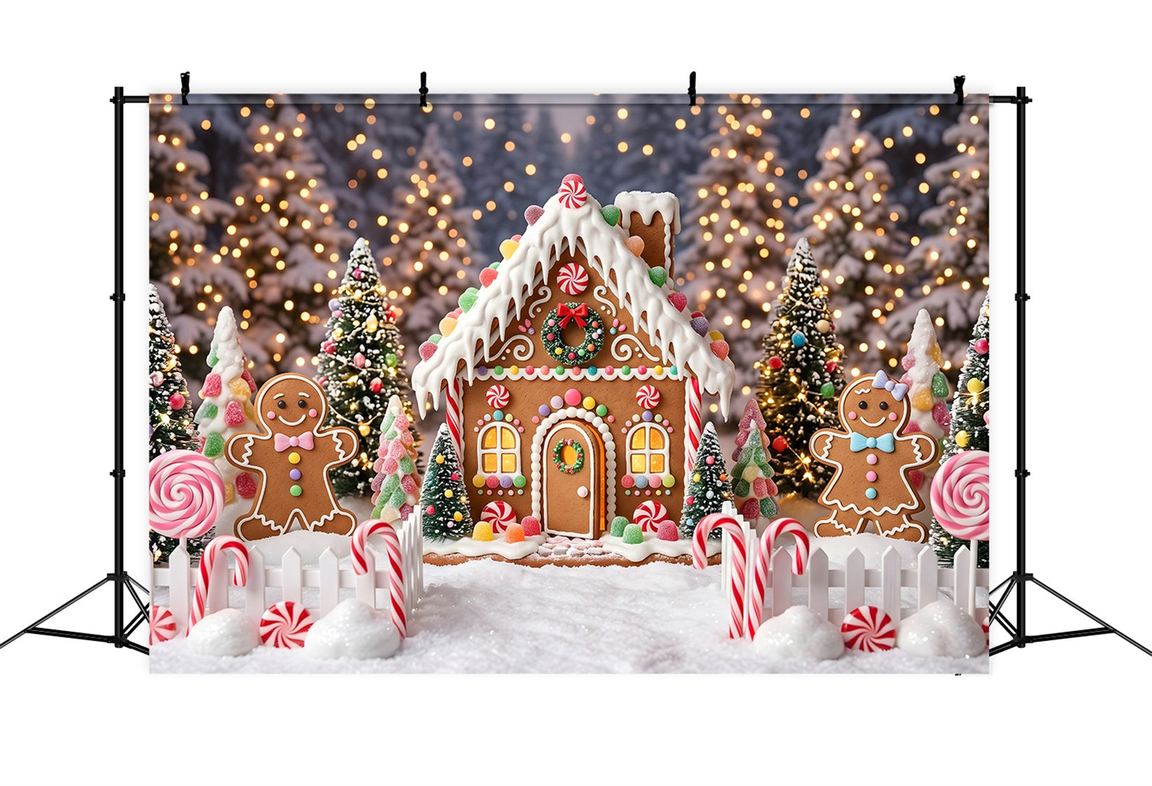 Toile de fond de Noël avec maison en pain d’épices dans une forêt de bonbons CEM65-106