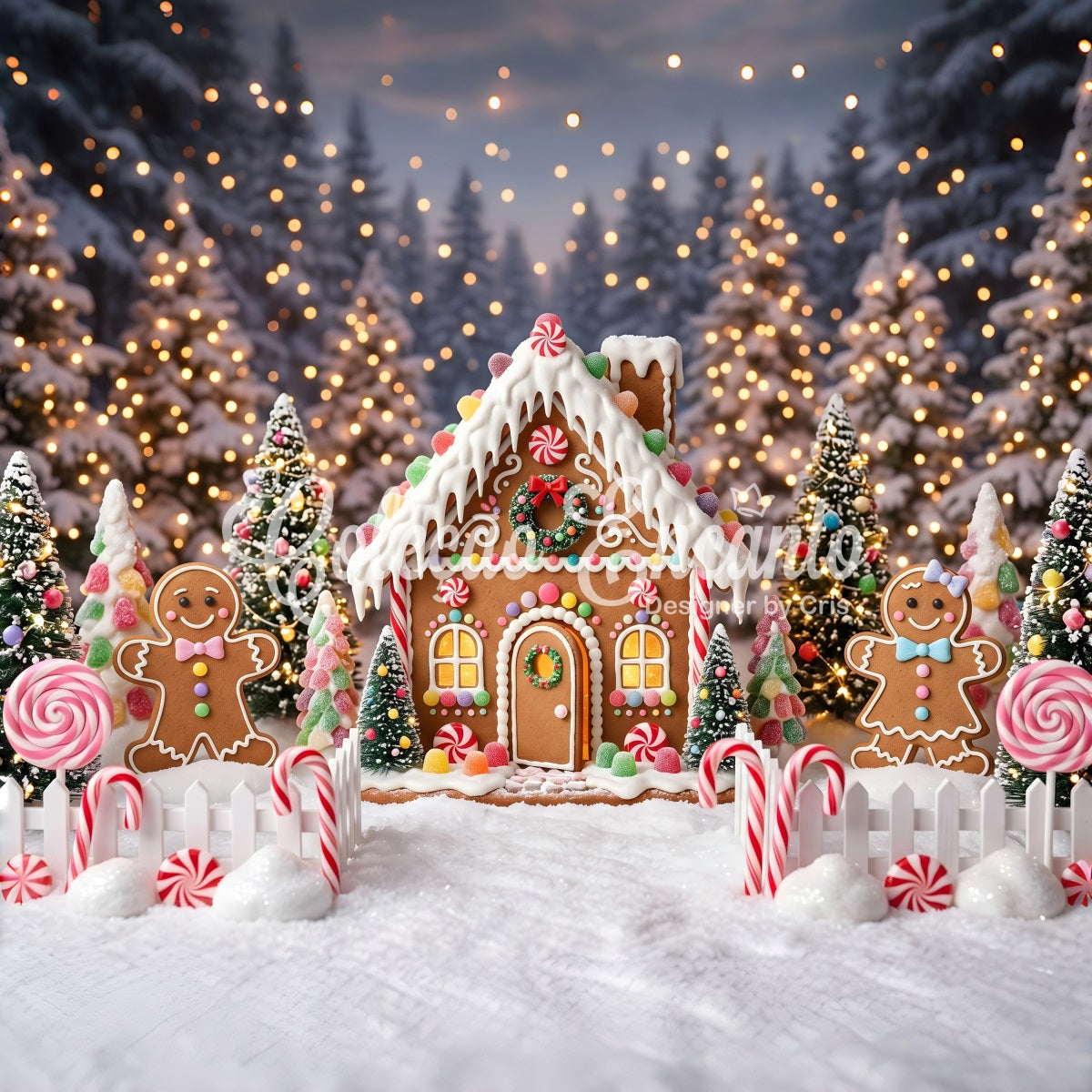 Toile de fond de Noël avec maison en pain d’épices dans une forêt de bonbons CEM65-106