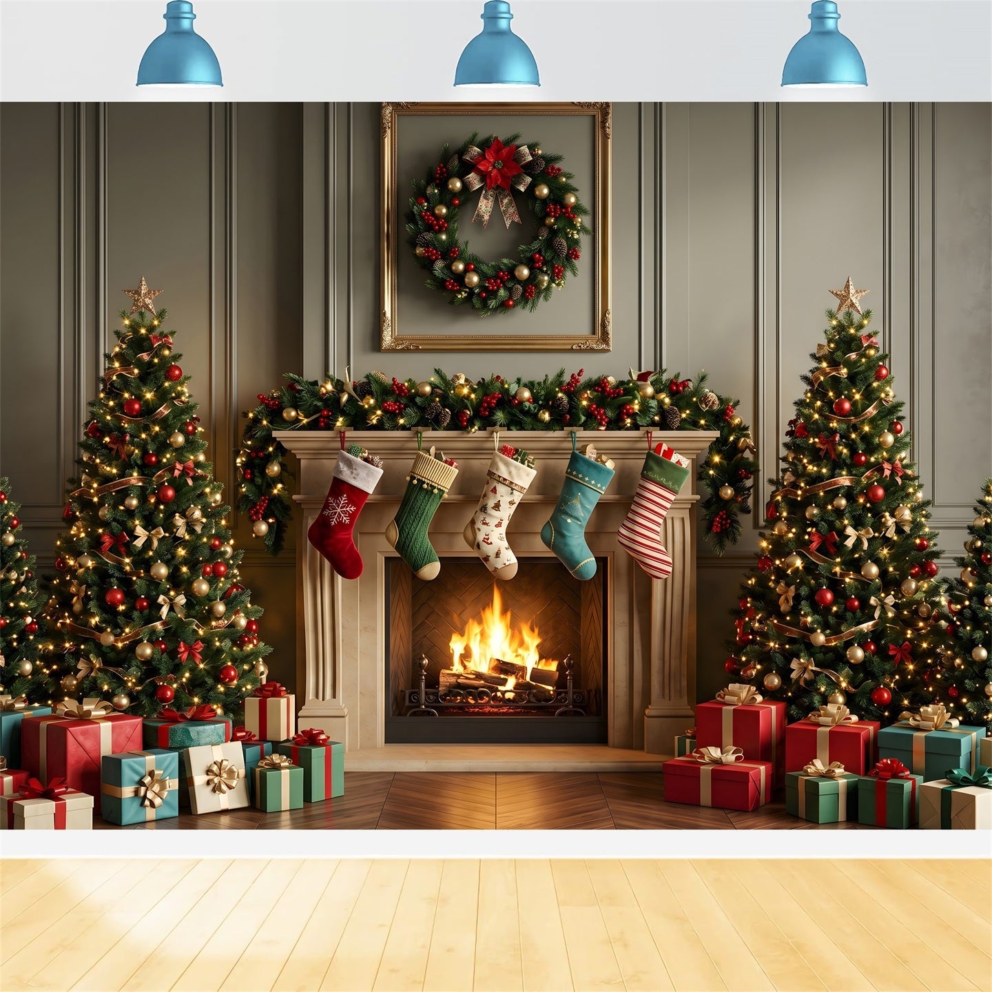 Toile de fond photo de Noël avec manteau classique bas suspendus et sapin CEM65-109