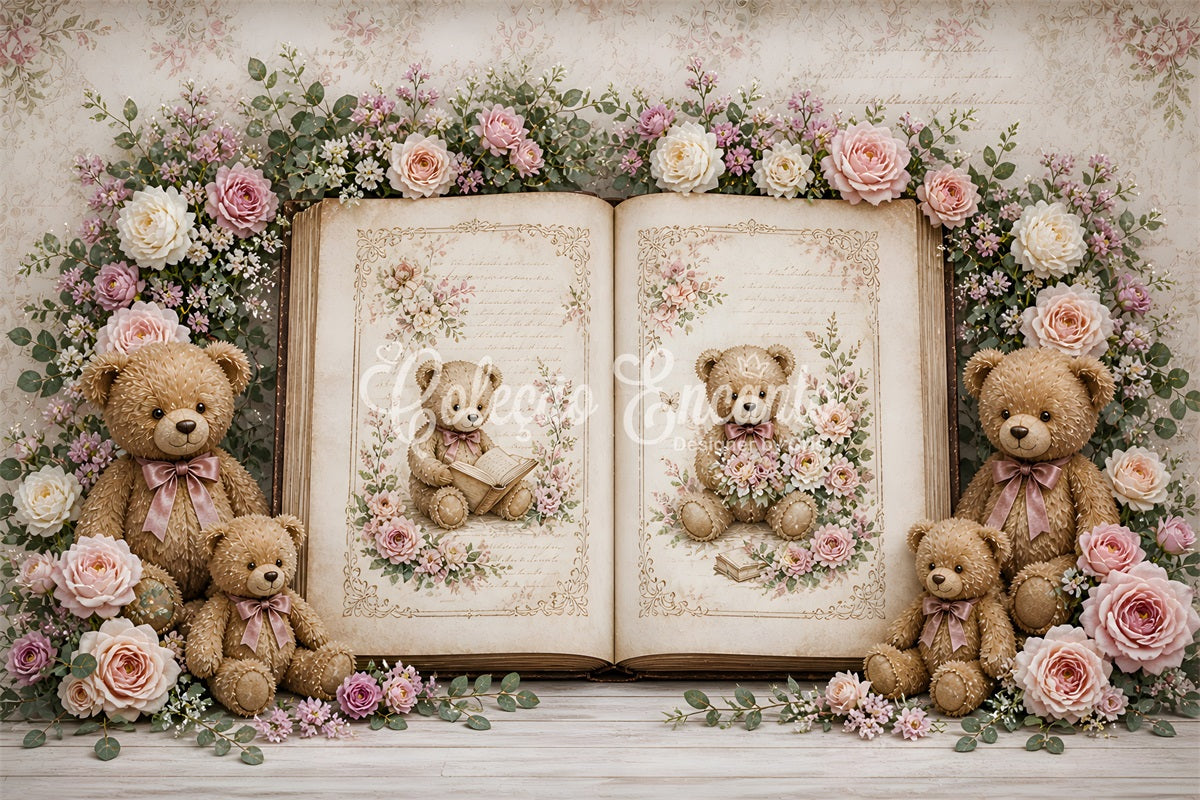 Toile de fond en tissu pour nouveau-né avec ours rétro livre de contes et roses CEM65-11