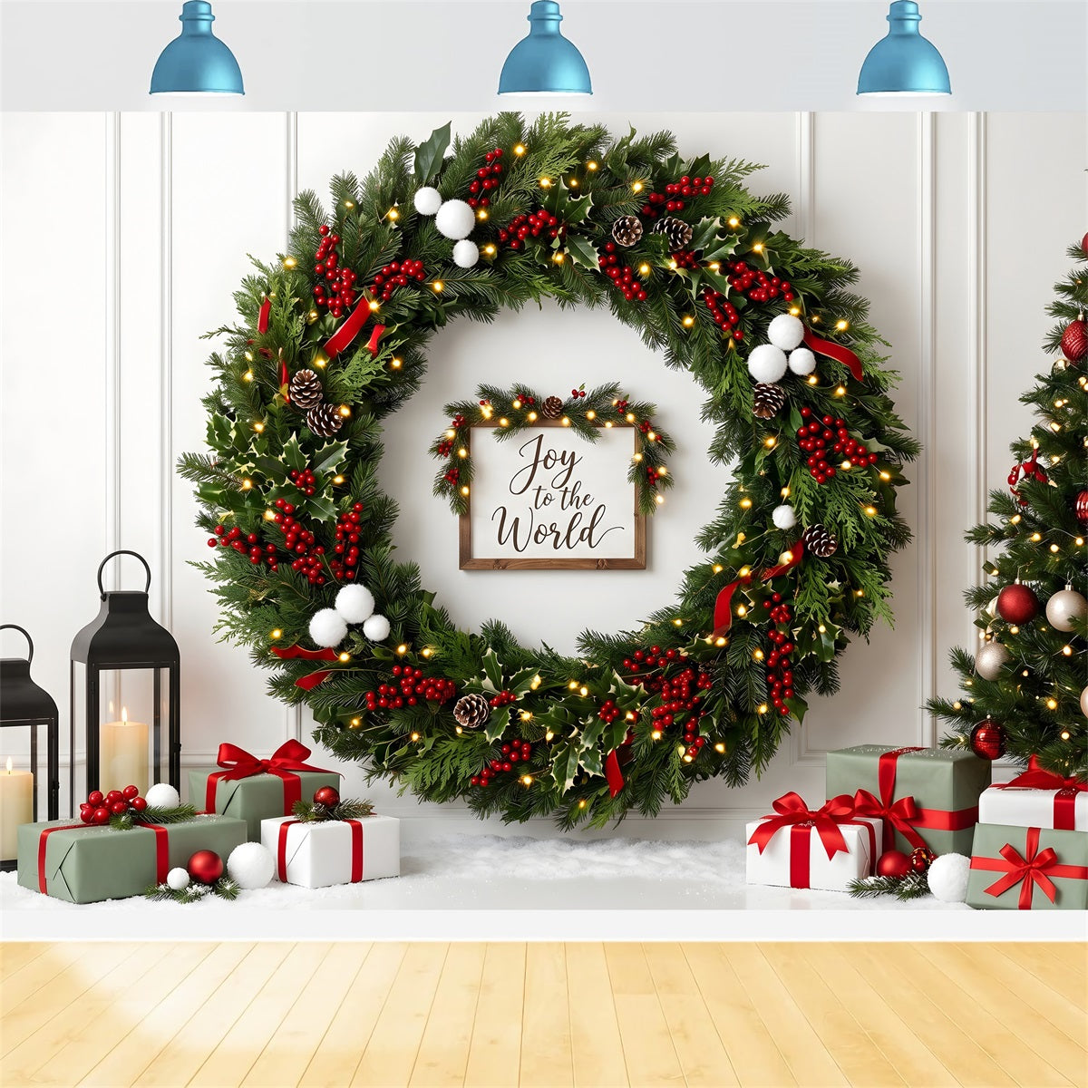 Toile de fond murale de Noël avec houx baies couronne lanterne et cadeaux CEM65-111