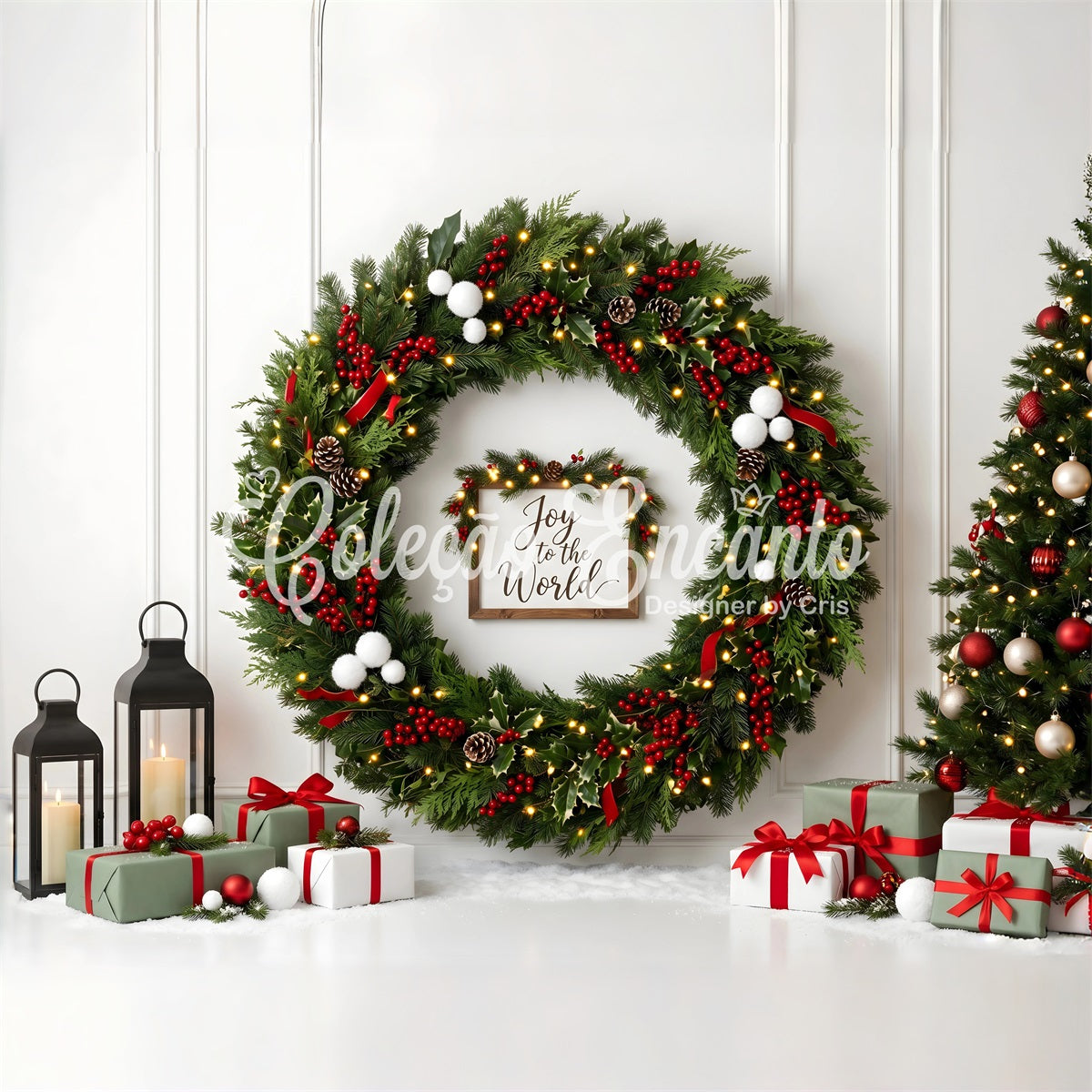 Toile de fond murale de Noël avec houx baies couronne lanterne et cadeaux CEM65-111