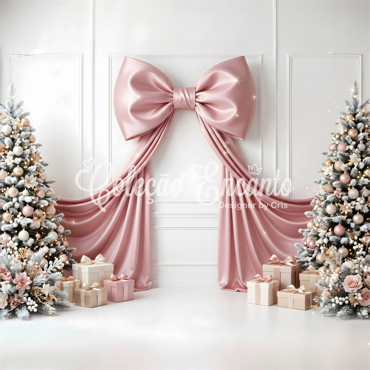 Toile de fond murale de Noël avec nœud en satin rose cadeaux et sapins pour photomaton CEM65-114