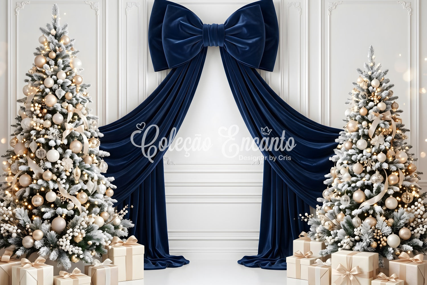 Toile de fond de Noël avec nœud en velours bleu marine et sapins givrés pour studio CEM65-115