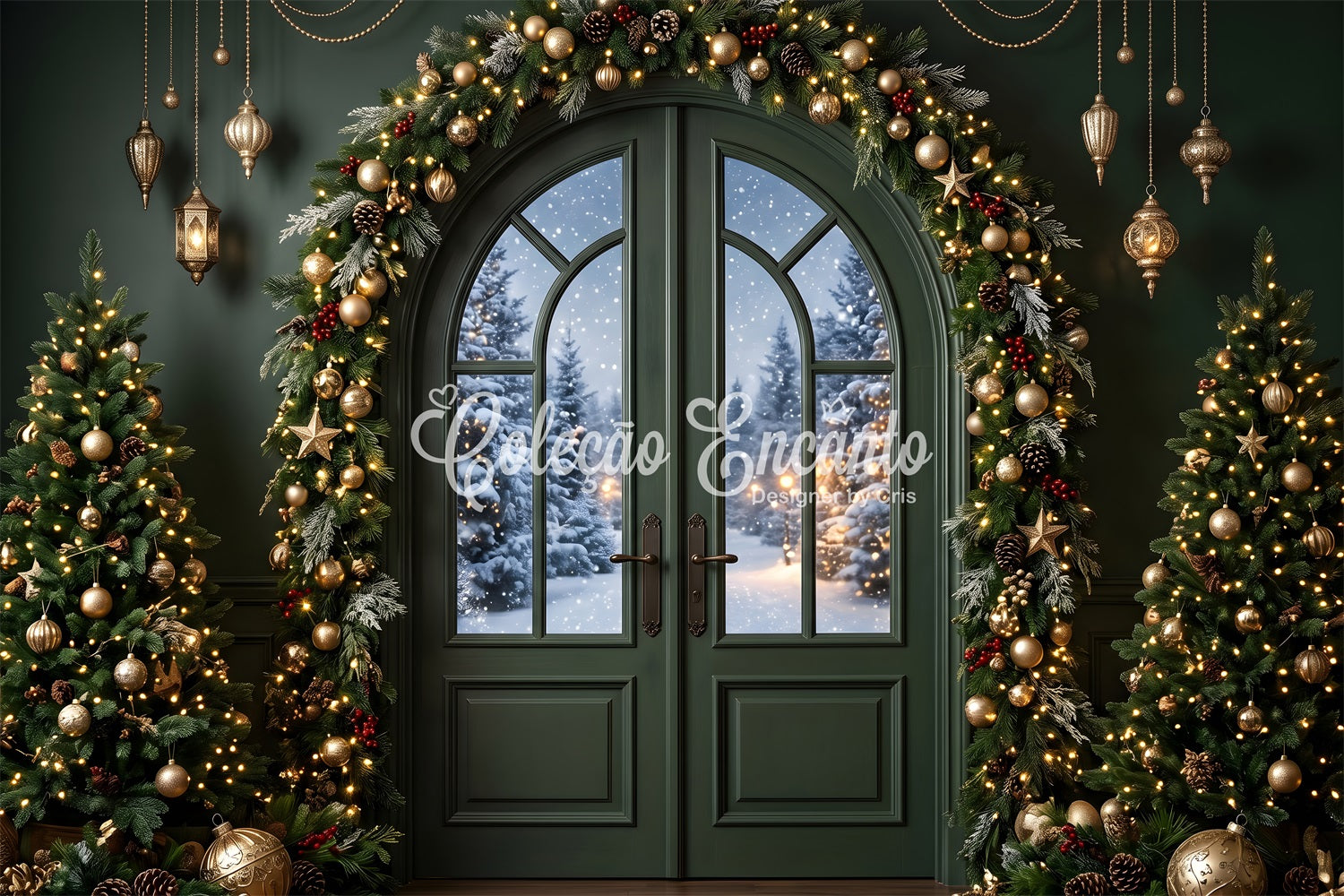 Toile de fond verte de Noël avec porte émeraude guirlande dorée et sapins CEM65-117