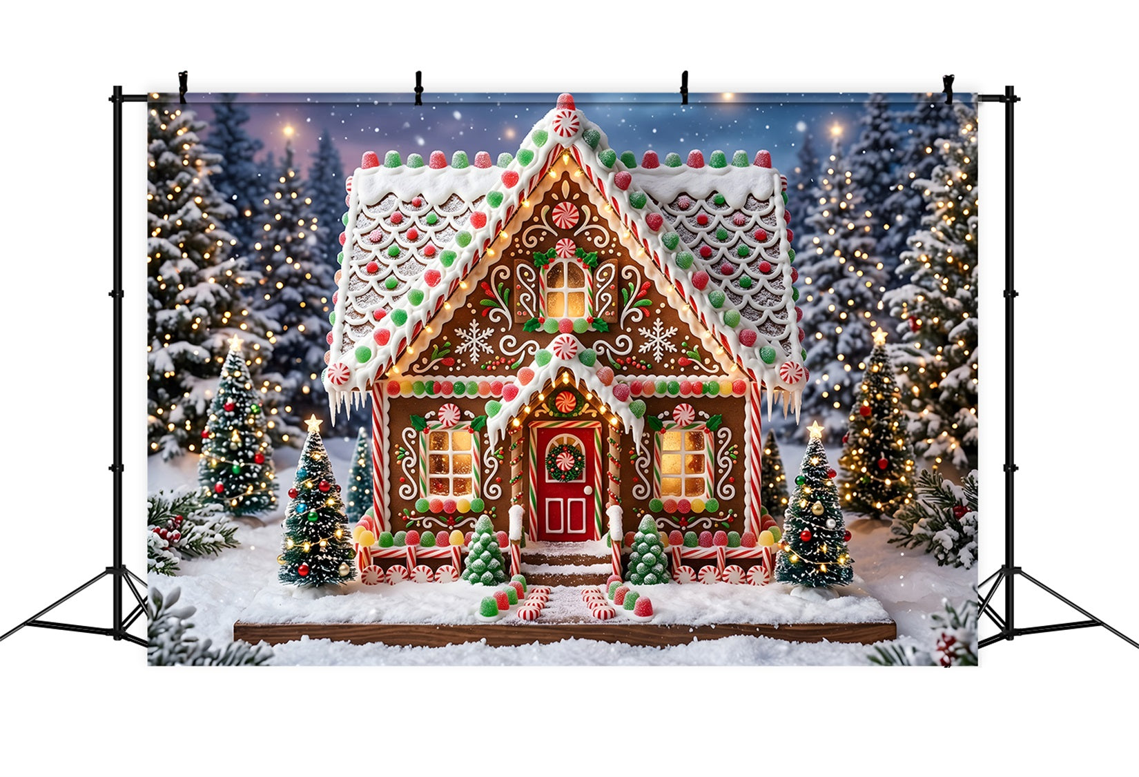 Toile de fond de Noël avec maison en pain d’épices bonbons et forêt enneigée pour photomaton CEM65-119