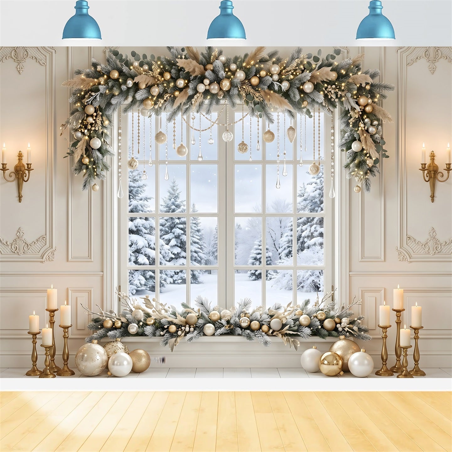 Grande toile de fond de Noël avec fenêtre d’hiver en cristal doré et guirlande CEM65-121