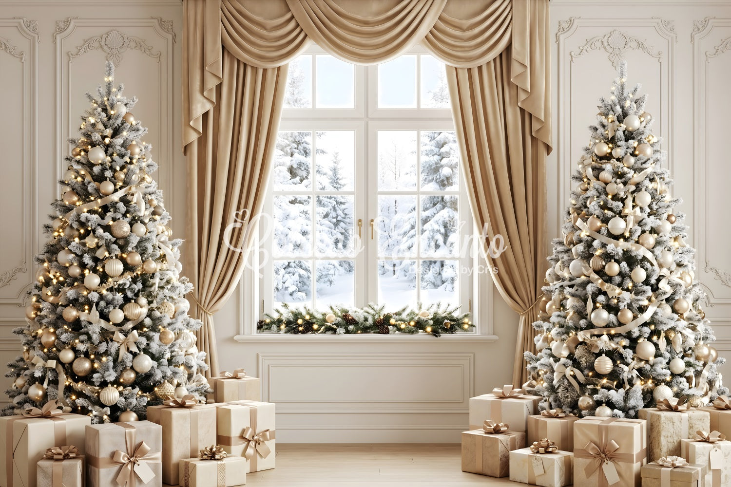 Toile de fond de Noël avec fenêtre rideau champagne et sapin givré CEM65-122