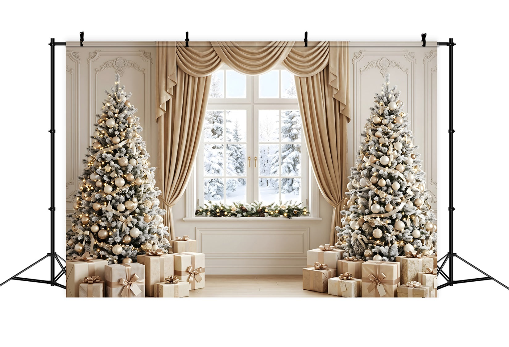 Toile de fond de Noël avec fenêtre rideau champagne et sapin givré CEM65-122