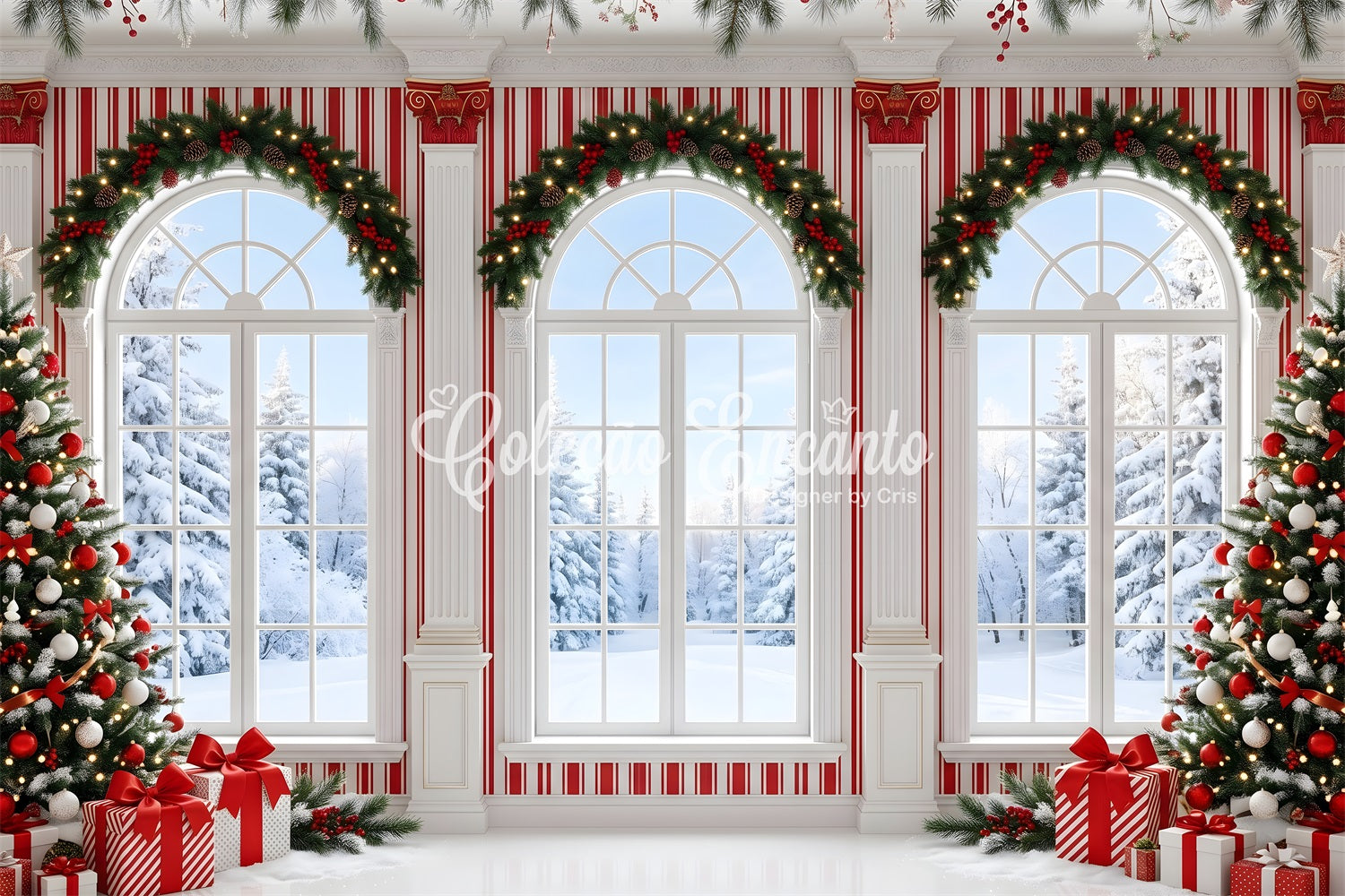 Toile de fond de Noël avec fenêtre hivernale à rayures de bonbons pour séance photo CEM65-123