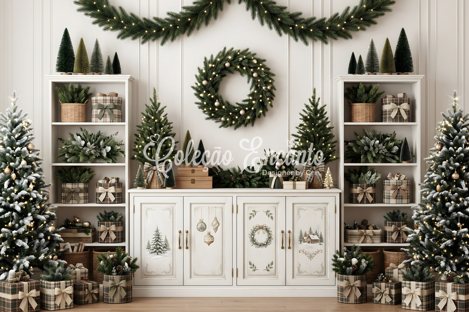 Toile de fond de Noël avec étagère neutre couronne et petits sapins CEM65-124
