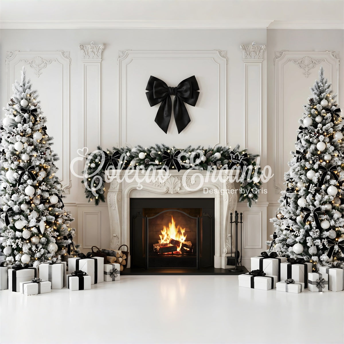 Toile de fond de fête de Noël avec nœud noir cheminée et sapins CEM65-127