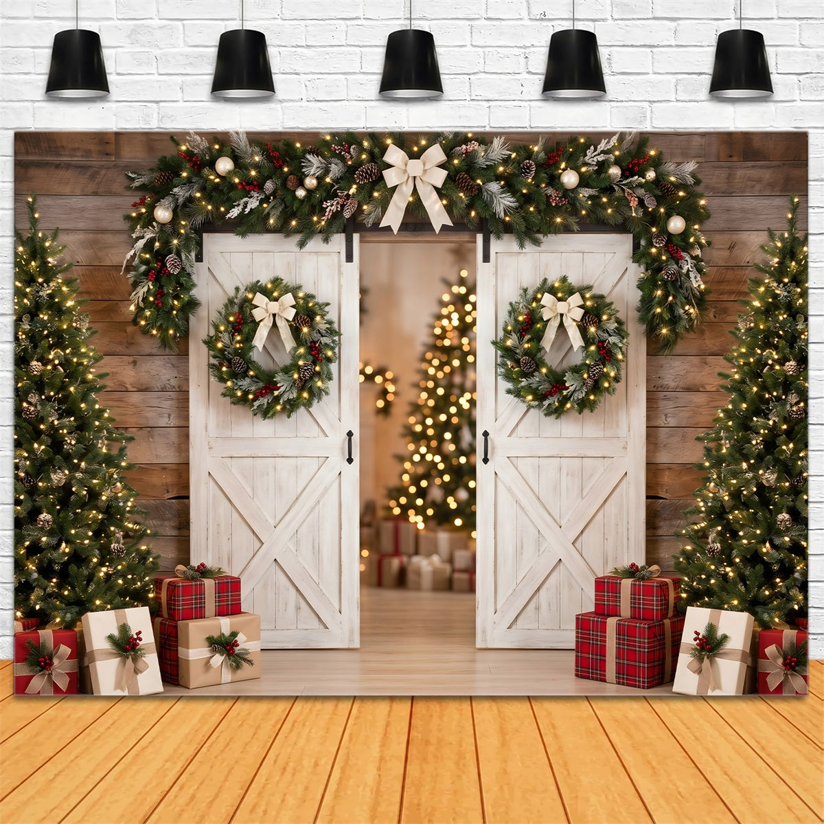 Toile de fond photo de Noël avec porte de grange blanche couronne et sapins CEM65-129